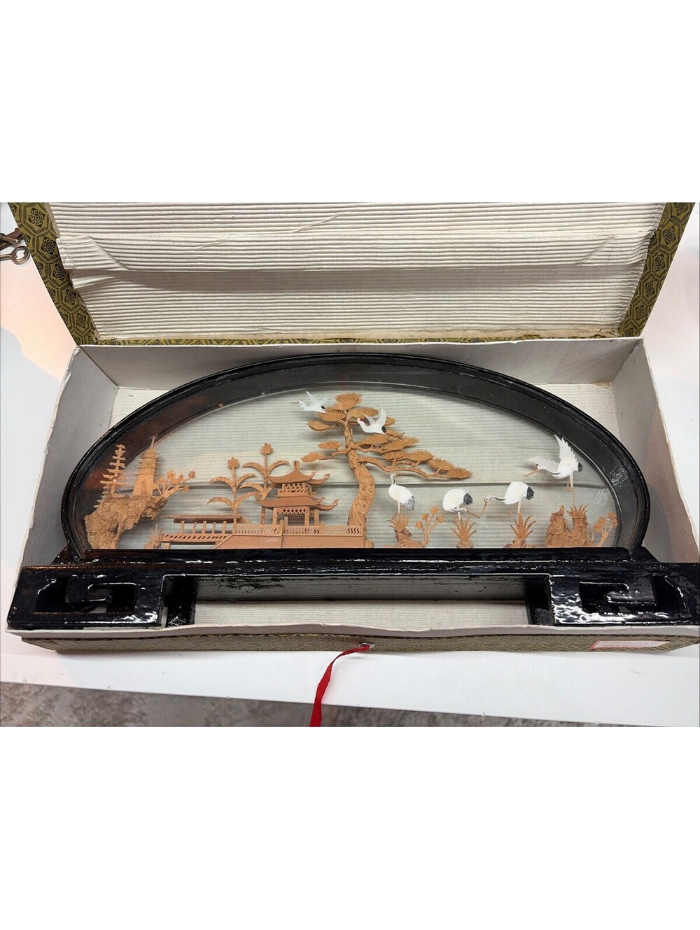 Vintage Chinese Diorama Hand Carved Wood And Cork 14.5× 7” Wood And Glass Frame